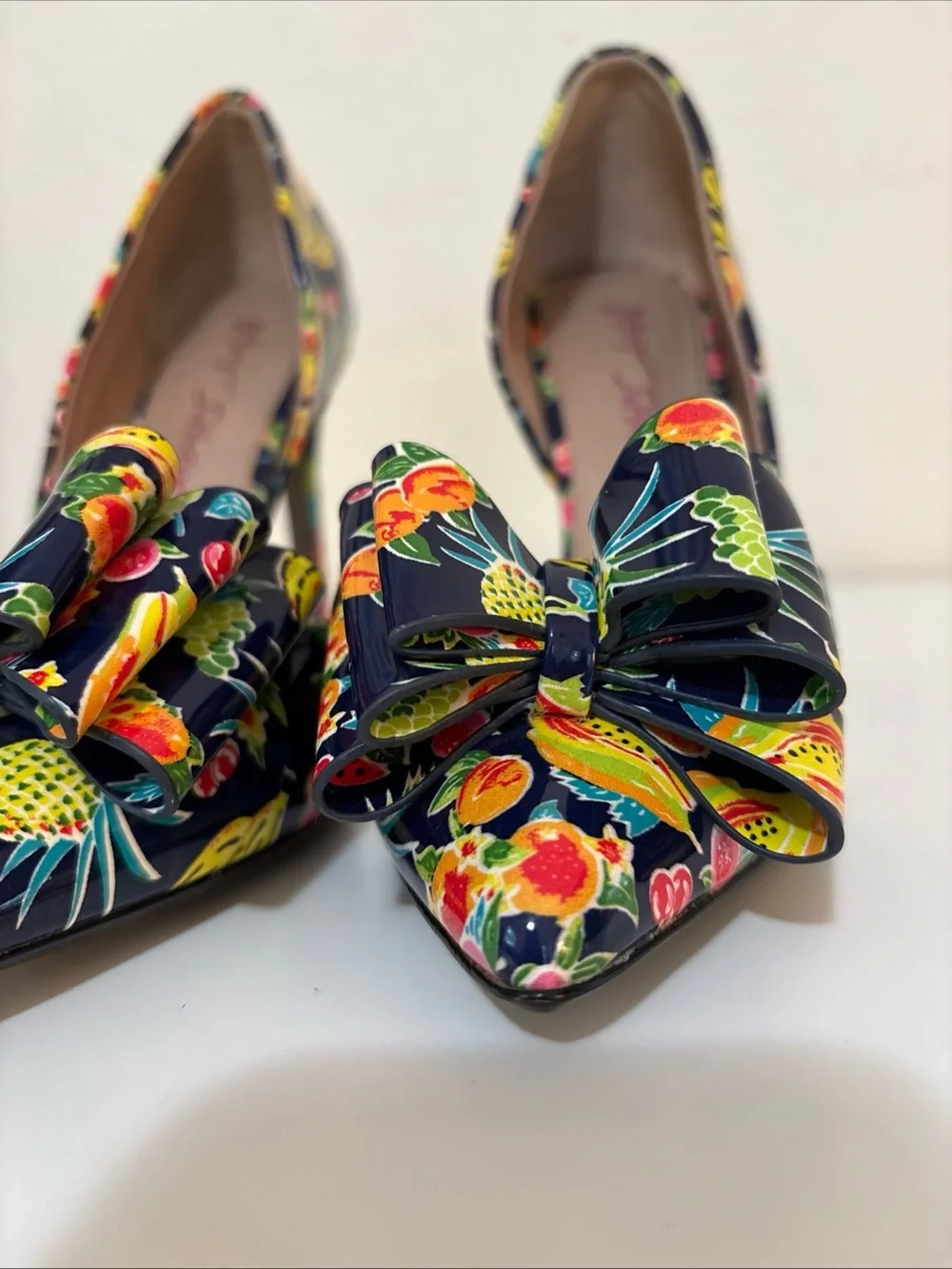 Betsey Johnson Prince Tropical Navy Floral & Fruit Bow Pointed Toe Heels